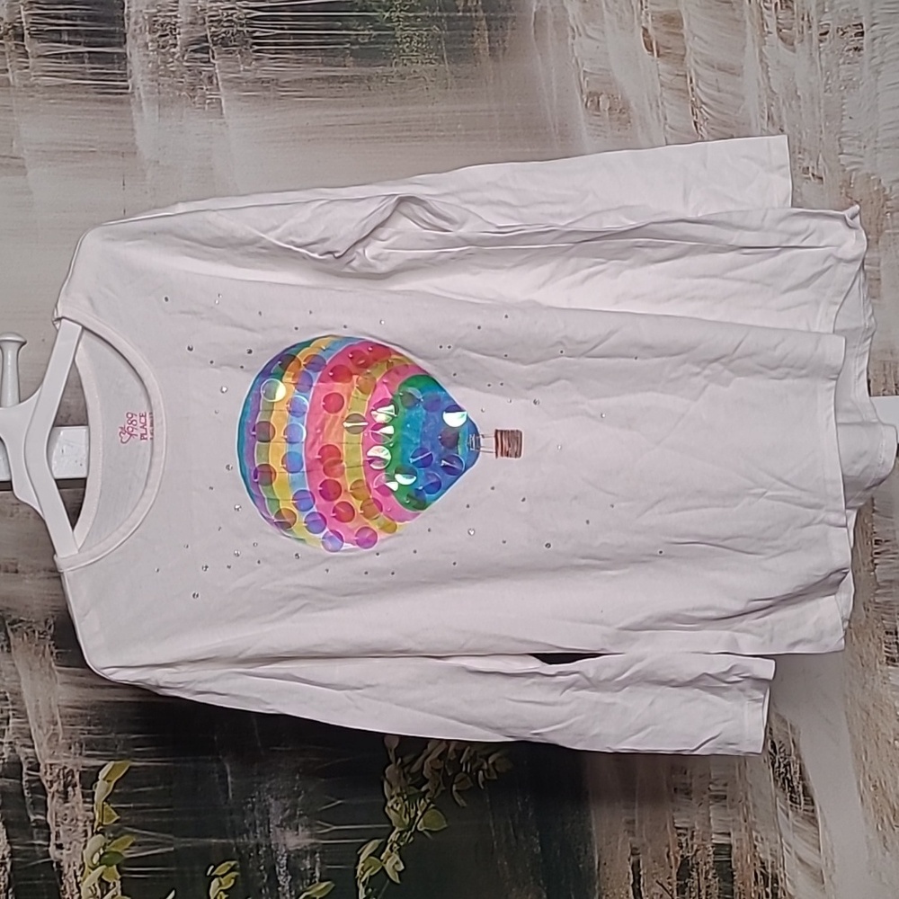 1989 Place Girl Large sequin colorful rainbow hot air balloon long sleeve Tshirt